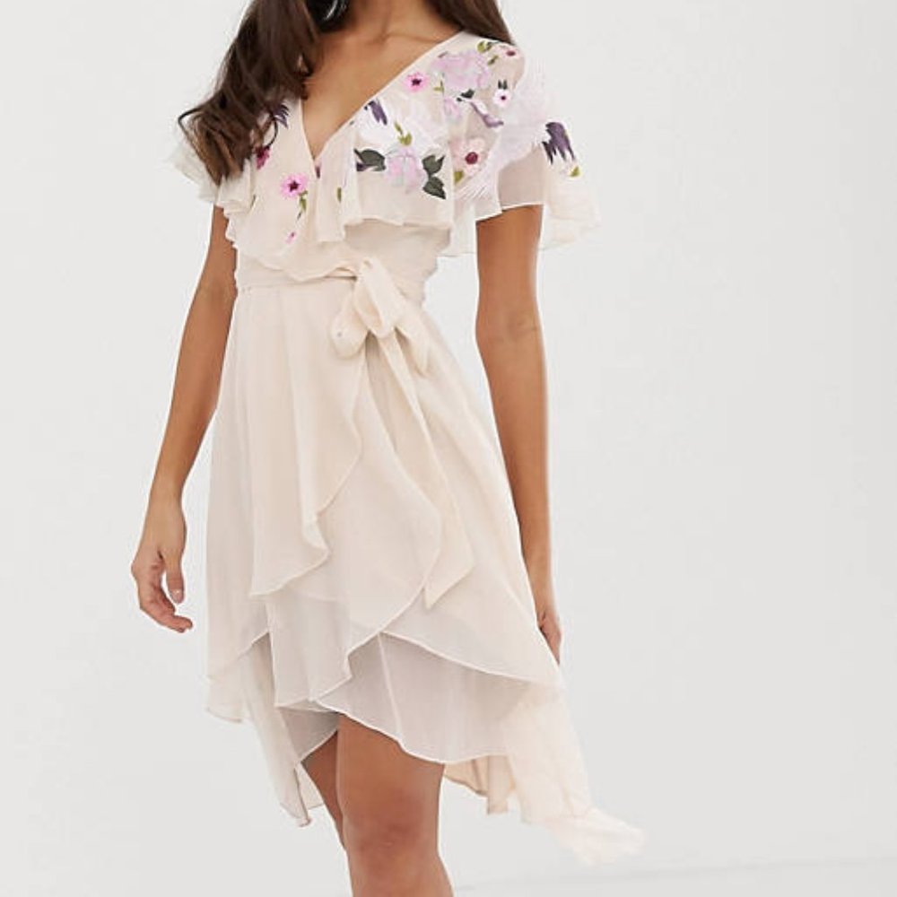 ASOS DESIGN midi dress with cape back and dipped hem in embroidery, Size 8